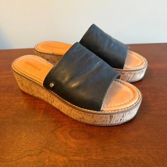 Black Leather Upper and Cork Platform Slip-On Sandals - Picture 2 of 6